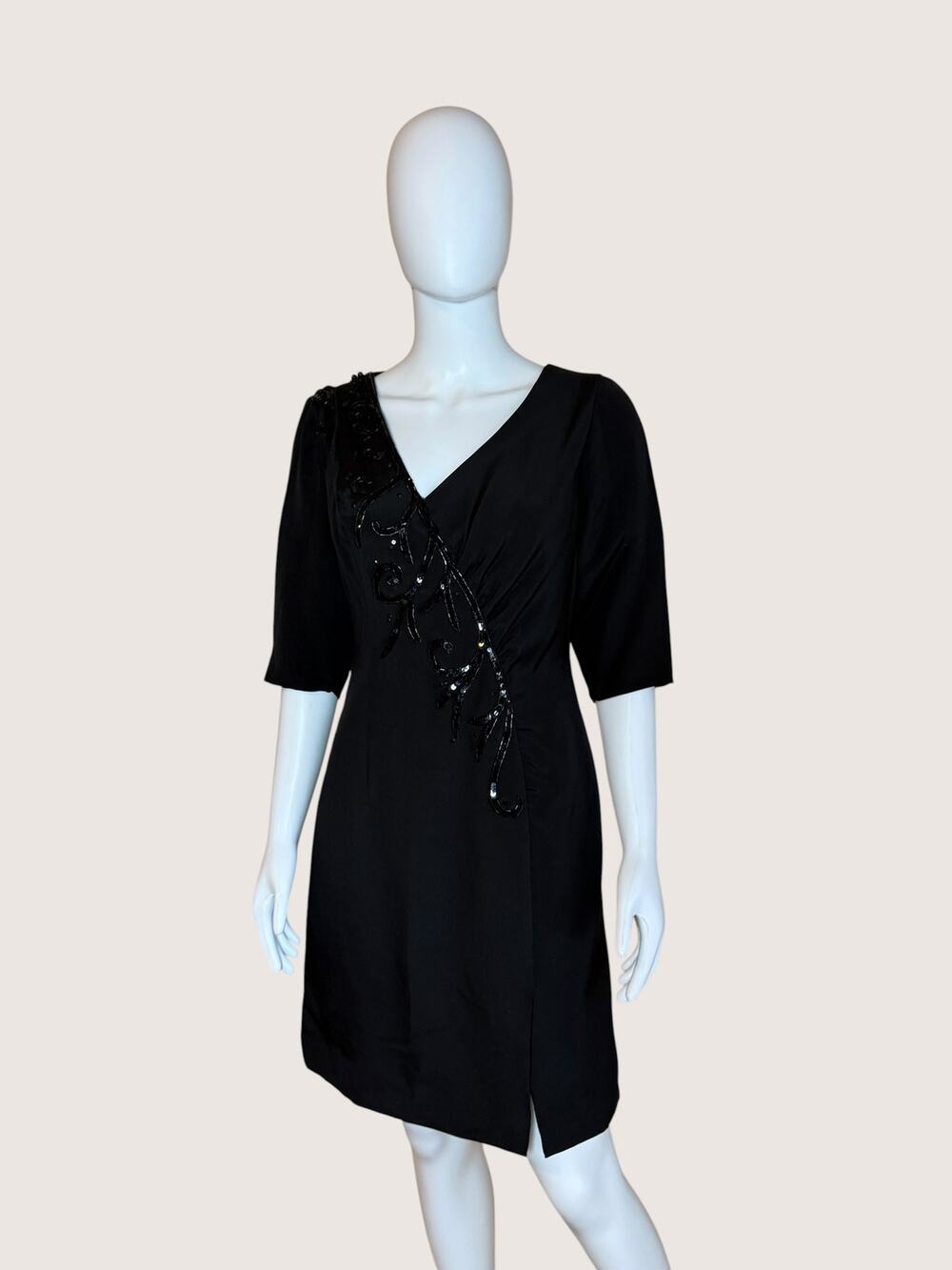 Vintage Black Beaded Cocktail Dress V-Neck Wrap Midi Dress